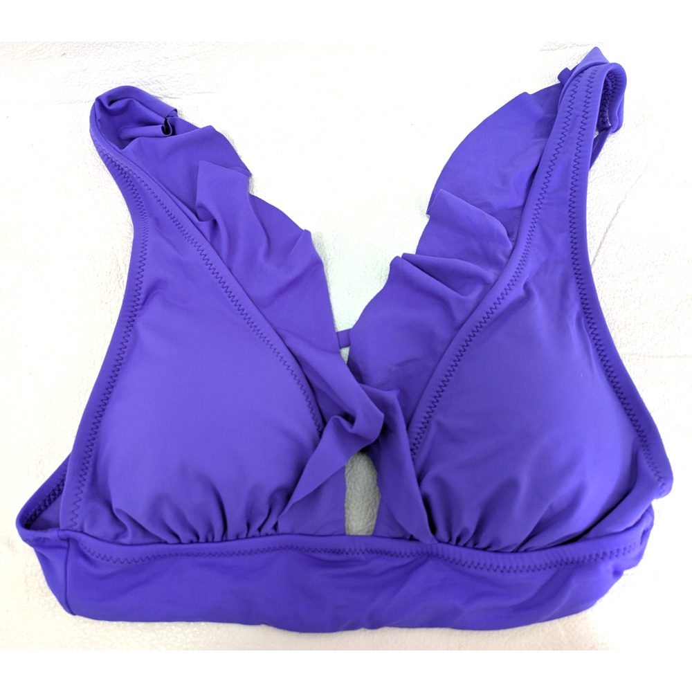Womens Ruffle V Neck Bikini Top Purple Large Strappy Tie Back Swimwear